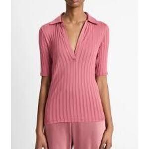 Vince Elbow Sleeve Polo in Pink Peony Wood L NEW Minimalist Basics QuietLuxury